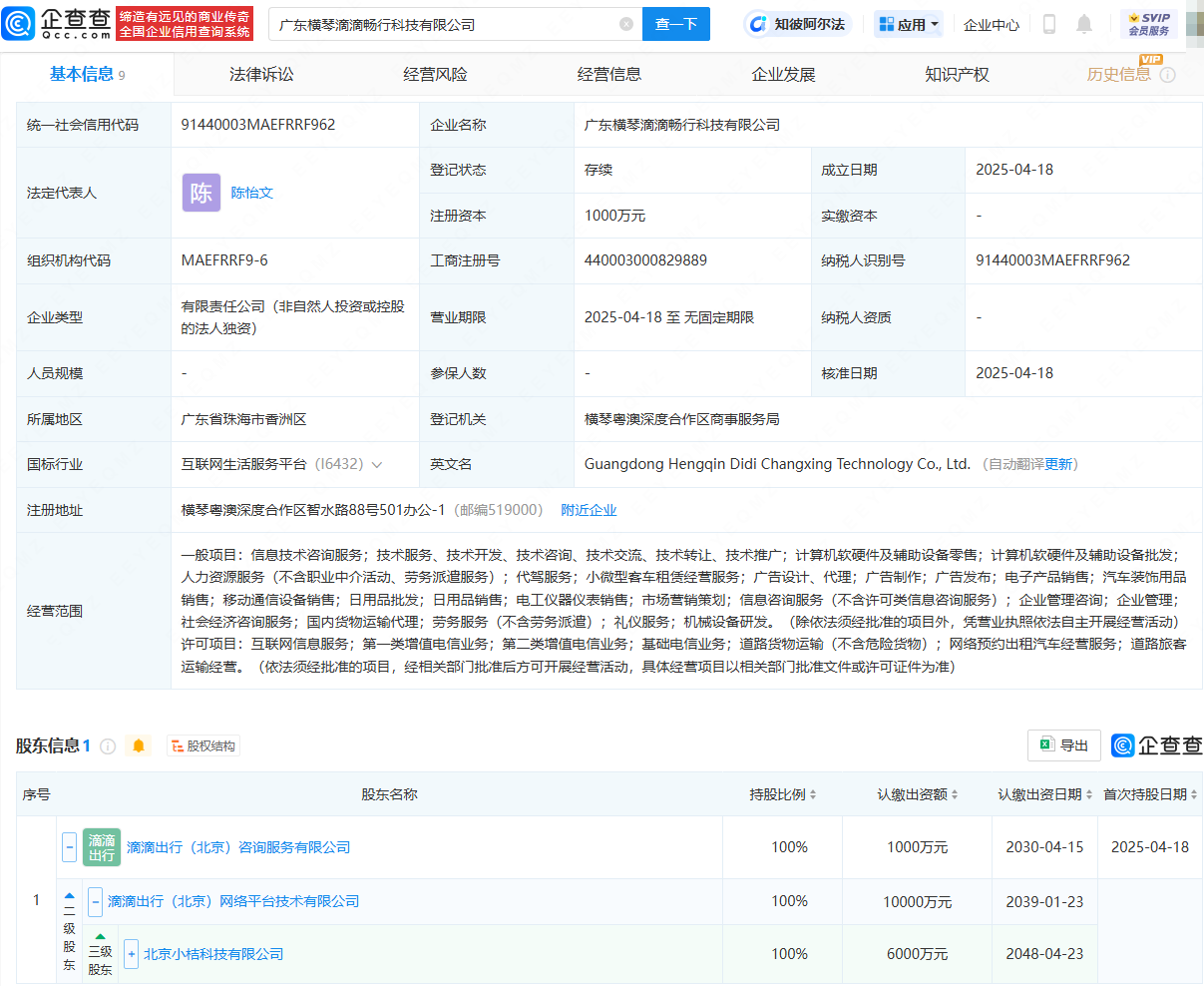 滴滴畅行科技在横琴成立，打造智慧出行新标杆